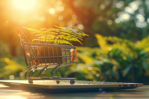 Laptop avec panier d'achat commerce électronique au détail magasin en ligne achat vente décision d'achat marketing