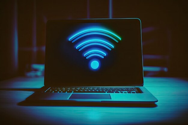 Laptop avec signal Wi-Fi sur écran concept de technologie de fond bleu IA générative