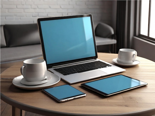 Photo laptop, smartphone et tablette sur la table de rendu 3d