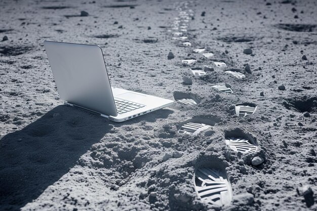 Laptop sur la surface de la lune empreinte d'astronaute sur le