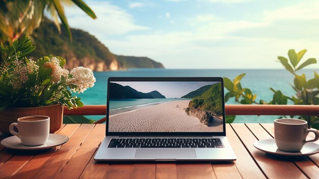 Laptop sur la table sur le fond de la mer et du coucher de soleil