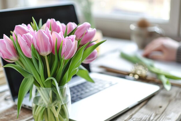 Laptop avec des tulipes et un bloc-notes sur la table