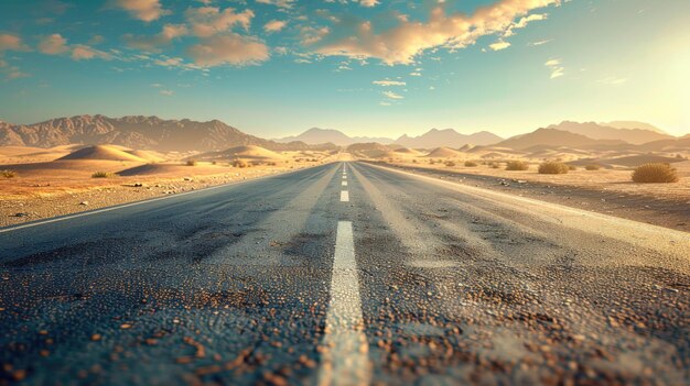 Une large autoroute mène à un désert avec des dunes de sable au milieu.