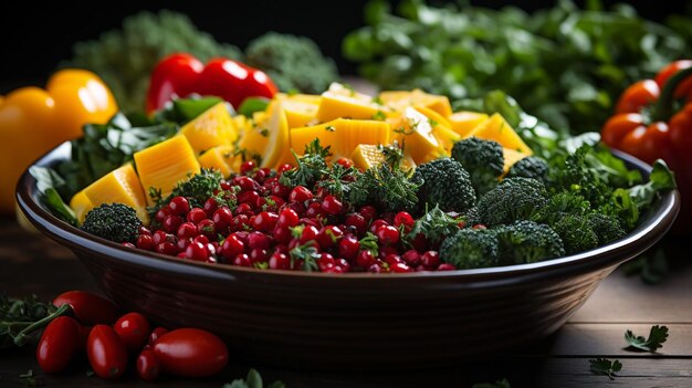 Large bannière web de bol en céramique noire différents menus de régime alimentaire sain et frais, légumes et morceaux de fruits