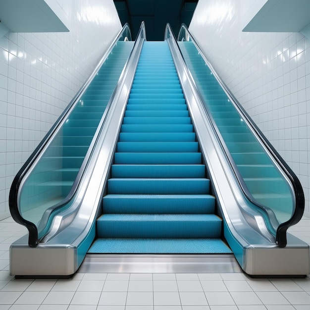 Un large escalier mécanique bleu qui monte