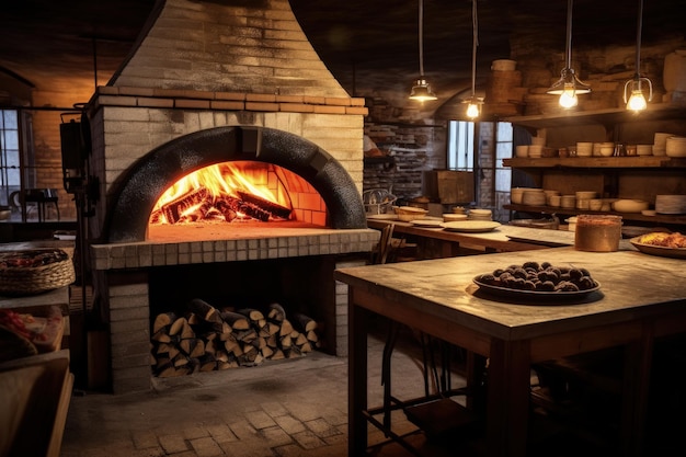 Large photo de pizza au four en brique à l'intérieur d'une pizzeria