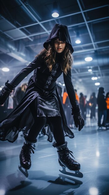 Photo un large plan d'une fête d'halloween avec une fille déguisée en costume effrayant patinant sur une patinoire intérieure ceated avec ai générative