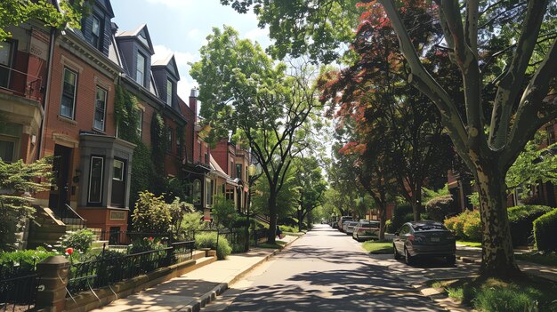 Photo une large rue bordée d'arbres avec de grandes vieilles maisons de chaque côté