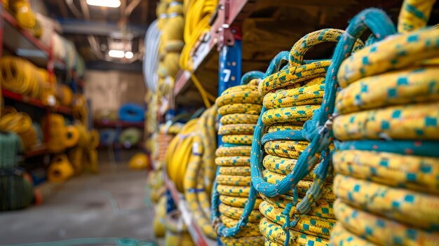 Large sélection de cordes enroulées jaunes et bleues sur les étagères de l'entrepôt industriel de la marine commerciale