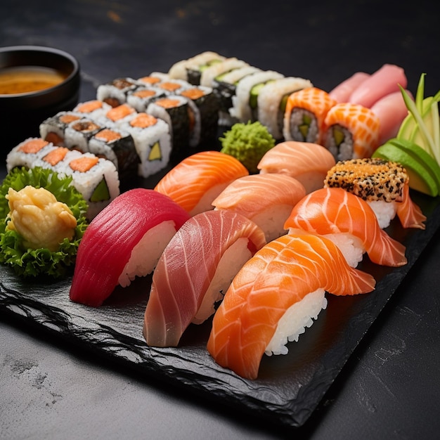 Photo une large sélection de sushis sur un plateau noir