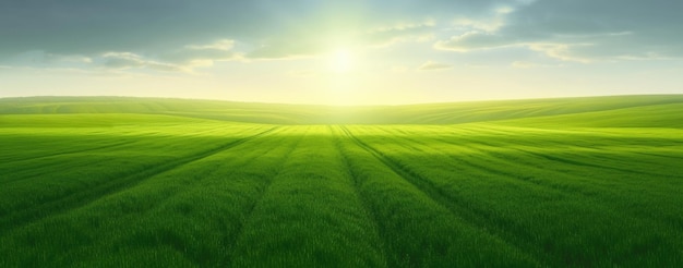 Large vue panoramique sur les champs agricoles verts éclairés par le soleil sur fond naturel de minimalisme d'horizon Illustration d'IA générative