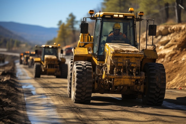 Élargissement des routes Travailleurs de la construction des autoroutes et des machines lourdes en action