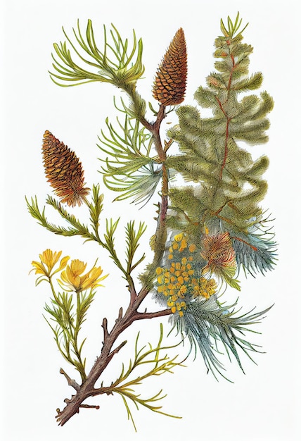 Larix Botanical Illustration a Fantasy NonExistent Plant Abstract Generative AI Illustration