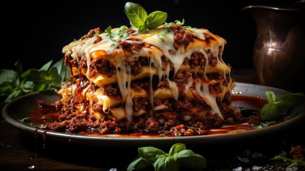 Photo lasagne au fromage blanc fondu sur une table en bois avec un arrière-plan noir et flou