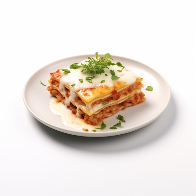 Lasagne chaude avec du basilic et des tomates dans une assiette blanche