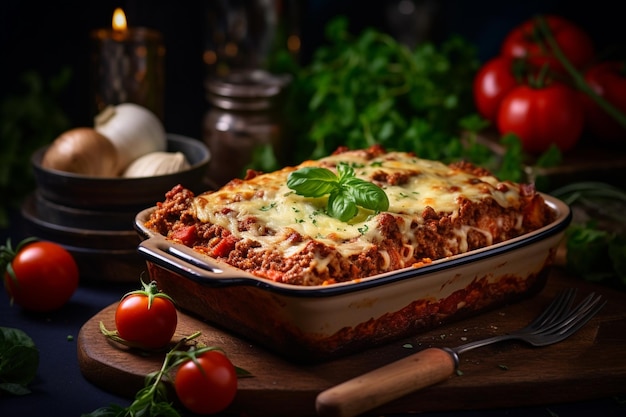 Photo lasagne italienne faite maison avec des tomates, de la viande hachée et du fromage dans un plat de cuisson