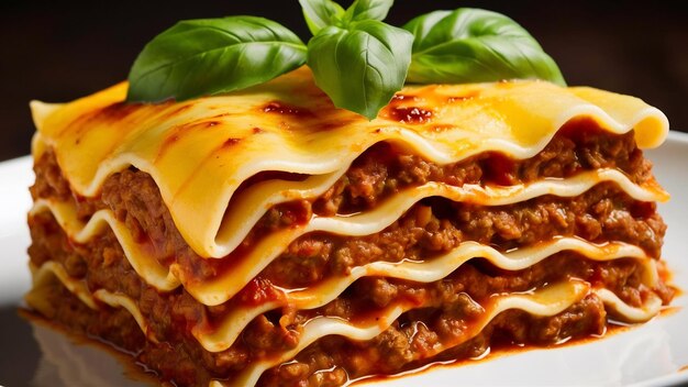 Photo lasagne traditionnelle faite avec de la sauce bolognaise à la viande hachée et de la sauce béchamel surmontée de basilic