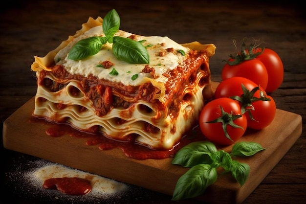 Une lasagne avec une tranche de fromage et de tomate sur une planche de bois.