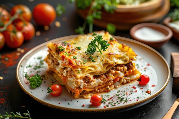 Lasagne avec de la viande hachée et des légumes sur une table en bois