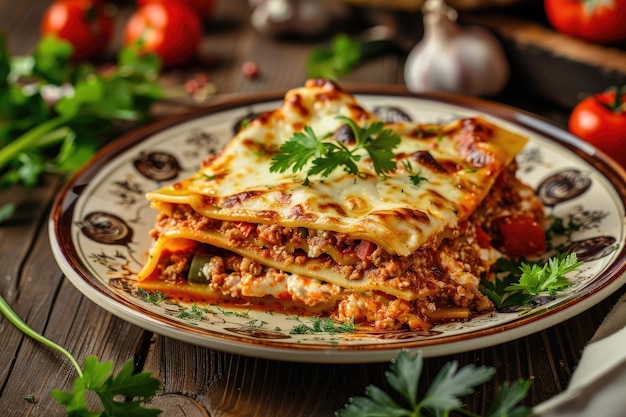 Lasagne avec de la viande hachée et des légumes sur une table en bois