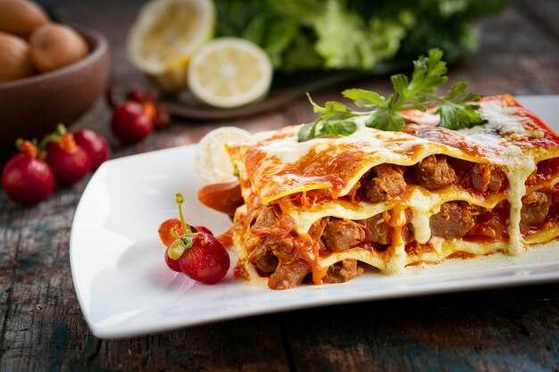 Photo des lasagnes délicieuses avec du fromage à la viande et de la sauce.