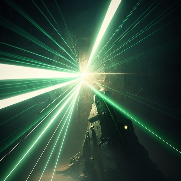 Un Laser Vert Est Tenu Devant Un Mur Avec Un Faisceau Lumineux