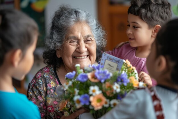 Une Latine âgée et heureuse reçoit des cadeaux de ses petits-enfants. Les enfants font une surprise à leur grand-mère. Les petits enfants donnent à leur grande-mère une carte-cadeau et un bouquet de fleurs.