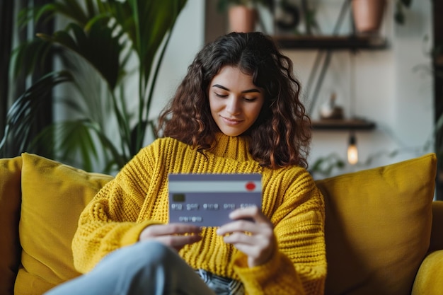 Une Latine portant un pull jaune assise sur un canapé jaune à la maison et faisant des achats en ligne avec une carte de crédit.