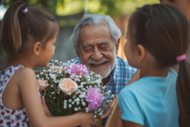 Photo un latino âgé et heureux reçoit des cadeaux de ses petits-enfants. les enfants font une surprise d'anniversaire à leur grand-père. les petits enfants donnent à leur grands-père une carte-cadeau et un bouquet de fleurs.