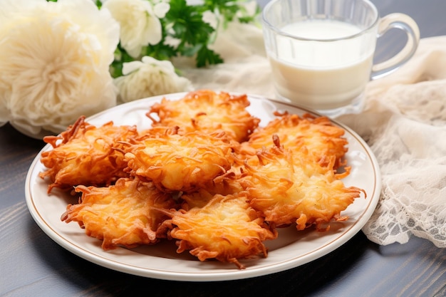 Photo des latkes sur une assiette, des tasses de hanukkah avec du lait sur une nappe blanche.