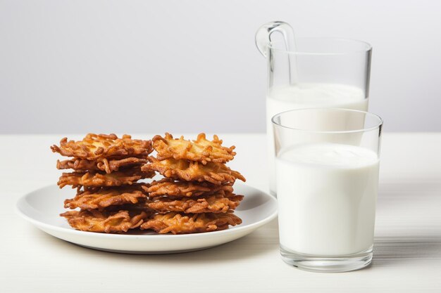 Photo des latkes sur une assiette, des tasses de hanukkah avec du lait sur une nappe blanche.