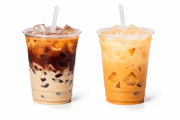 Photo latte au caramel glacé et café noir américain dans le jeu de boissons froides rafraîchissantes en verre plastique togo