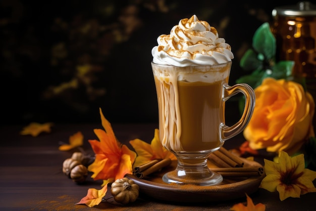 Latte d'automne à la citrouille avec crème fouettée AI Generative