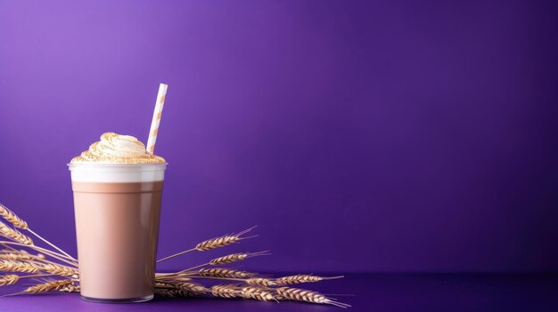 Latte aux épices de citrouille avec du blé sur violet