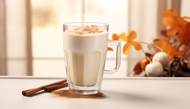 Photo latte de citrouille avec de la cannelle et de la citrouille sur un fond sombre