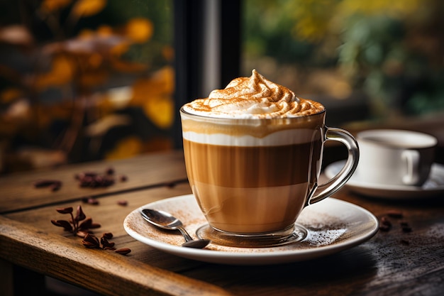 Photo latte à la citrouille sur une table en bois 1