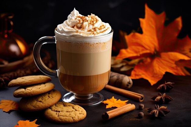 Latte épicé dans une tasse transparente avec de la noix de muscade à la cannelle et des biscuits