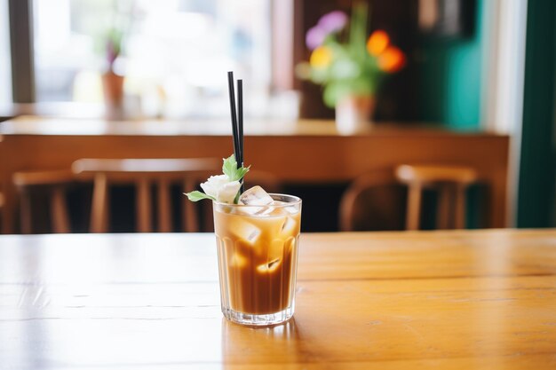 Un latte glacé dans un verre avec de la paille et des cubes de glace