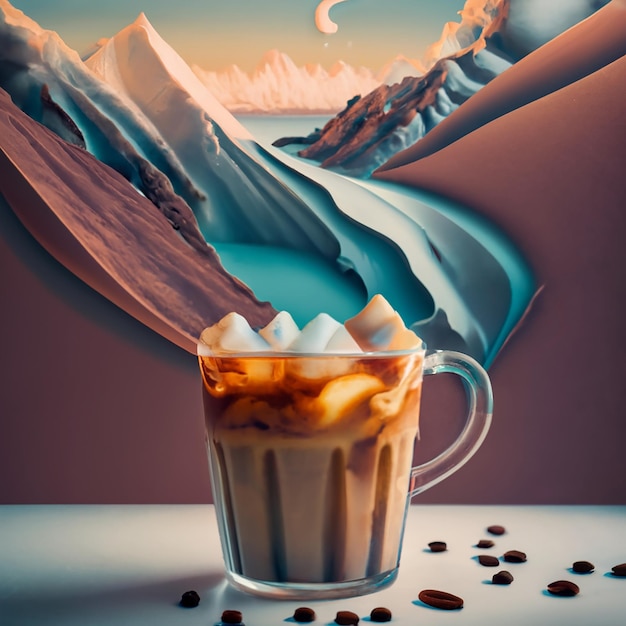 Latte glacé avec une double exposition d'un glissement de terrain aux couleurs pastel surréalisme à flanc de montagne