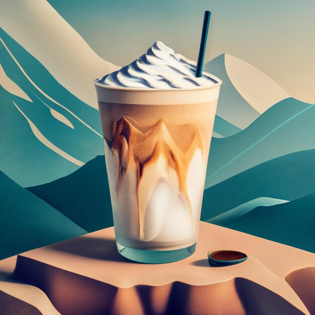 Latte glacé avec une double exposition d'un glissement de terrain aux couleurs pastel surréalisme à flanc de montagne