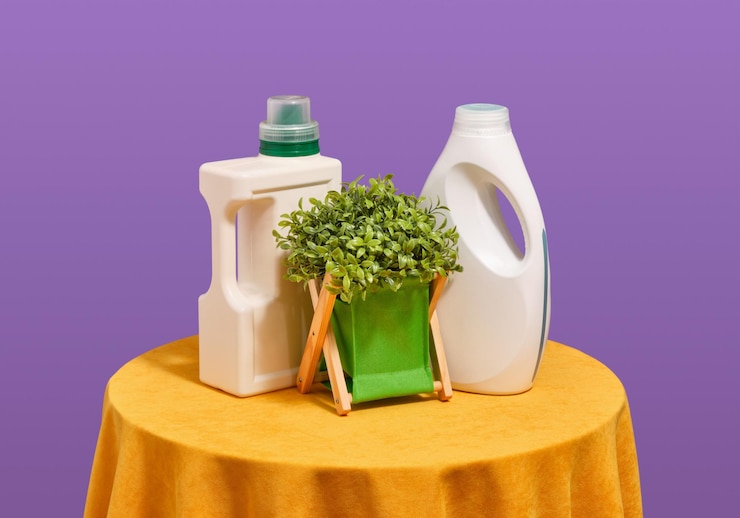 Photo laundry day produits chimiques ménagers bouteilles de détergent et plante verte