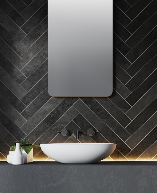 Lavabo blanc près d'un mur en brique noire avec un grand miroir rond suspendu au-dessus. Vue de côté. rendu 3d