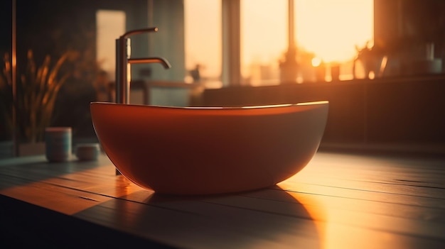Un lavabo avec un coucher de soleil en arrière-plan