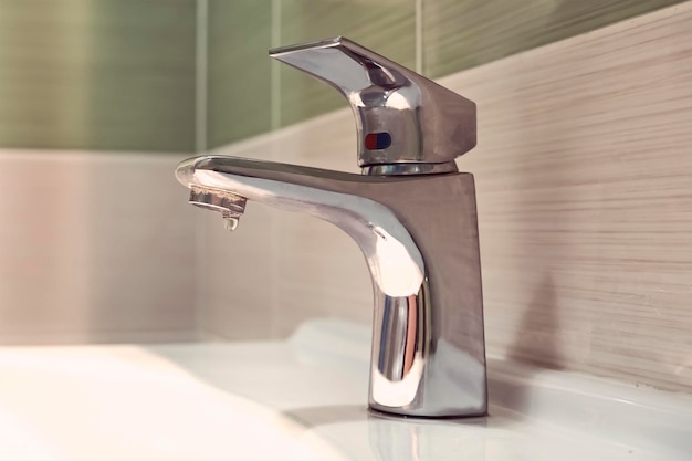 Lavabo robinet chromé Fermé le robinet qui goutte de l'eau dans la salle de bain Déchets d'eau grue couleur argent avec lavabo blanc dans la salle de bain