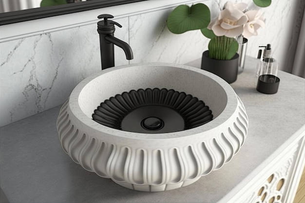 Lavabo rond blanc avec drain noir et matériel créé avec générative ai