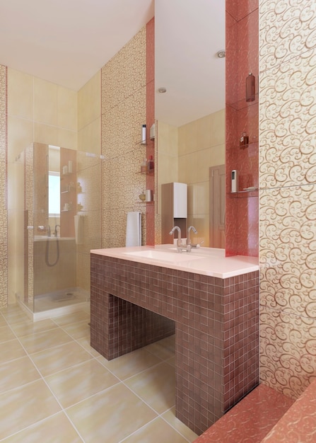 Le lavabo de la salle de bain, fait de carreaux de mosaïque bordeaux, avec un grand miroir sur le mur jaune. rendu 3D