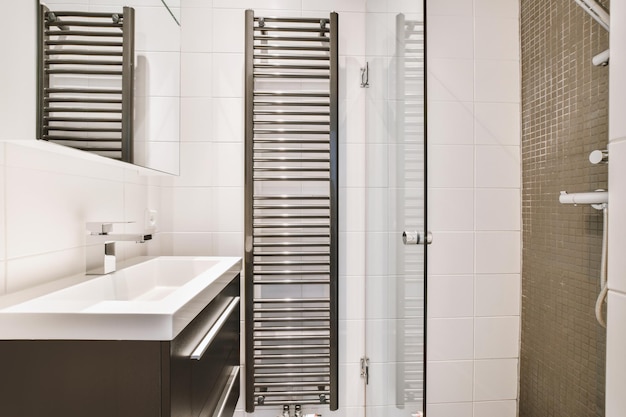 Lavabo sous miroir en face de la cabine de douche