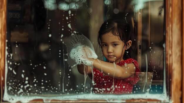 Le lavage des fenêtres est une merveille La diligence d'une petite fille AR 169