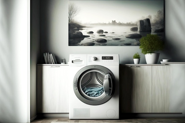 Lavage en machine blanc intérieur minimaliste avec tambour gris contre des murs gris