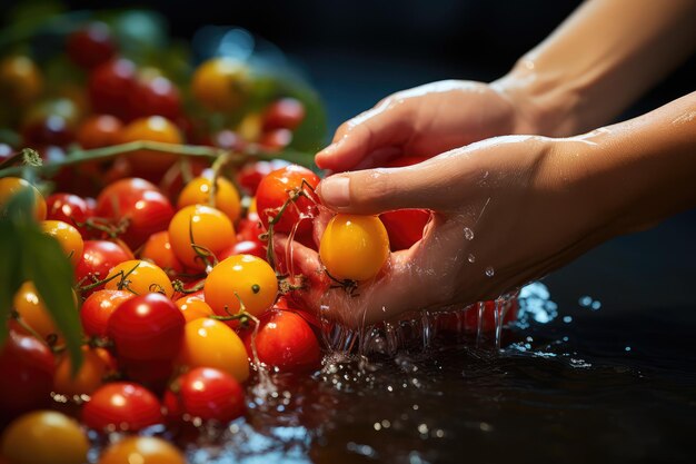 lavage à la main des fruits et légumes biologiques éclaboussure d'eau publicité professionnelle photographie alimentaire